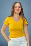 A women’s basic short sleeve v-neck cotton tee in yellow.