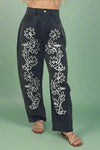 Floral Embroidered Barrel Pants - Black