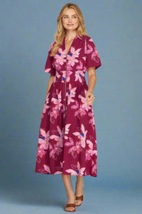Floral Zip Front Midi Dress - Maroon