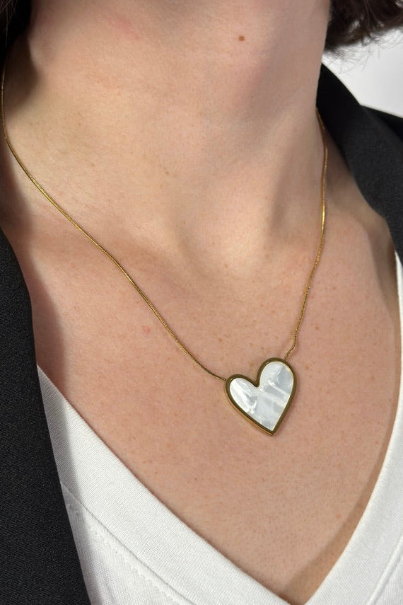 White Heart Pendant Necklace - Gold