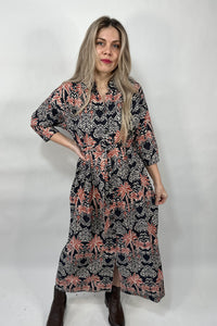 Midnight Palm Tree Button Down Dress Orange
