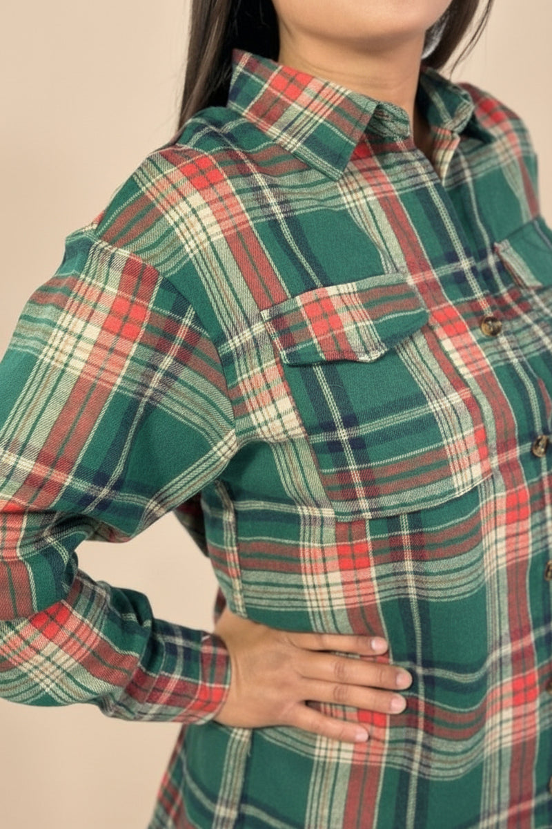 Plaid Button Up Flannel Shirt - Dark Green