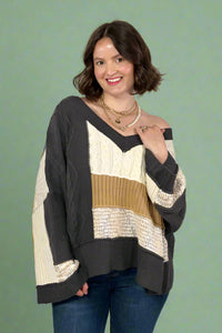 Multi Fabric Color Block V Neck Sweater