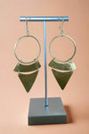 Hammered gold earrings, tiered style with geometric shapes. 