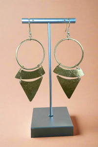 Hammered gold earrings, tiered style with geometric shapes. 
