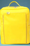 A bright yellow, vegan leather backpack with zipper closures.