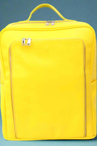 A bright yellow, vegan leather backpack with zipper closures.