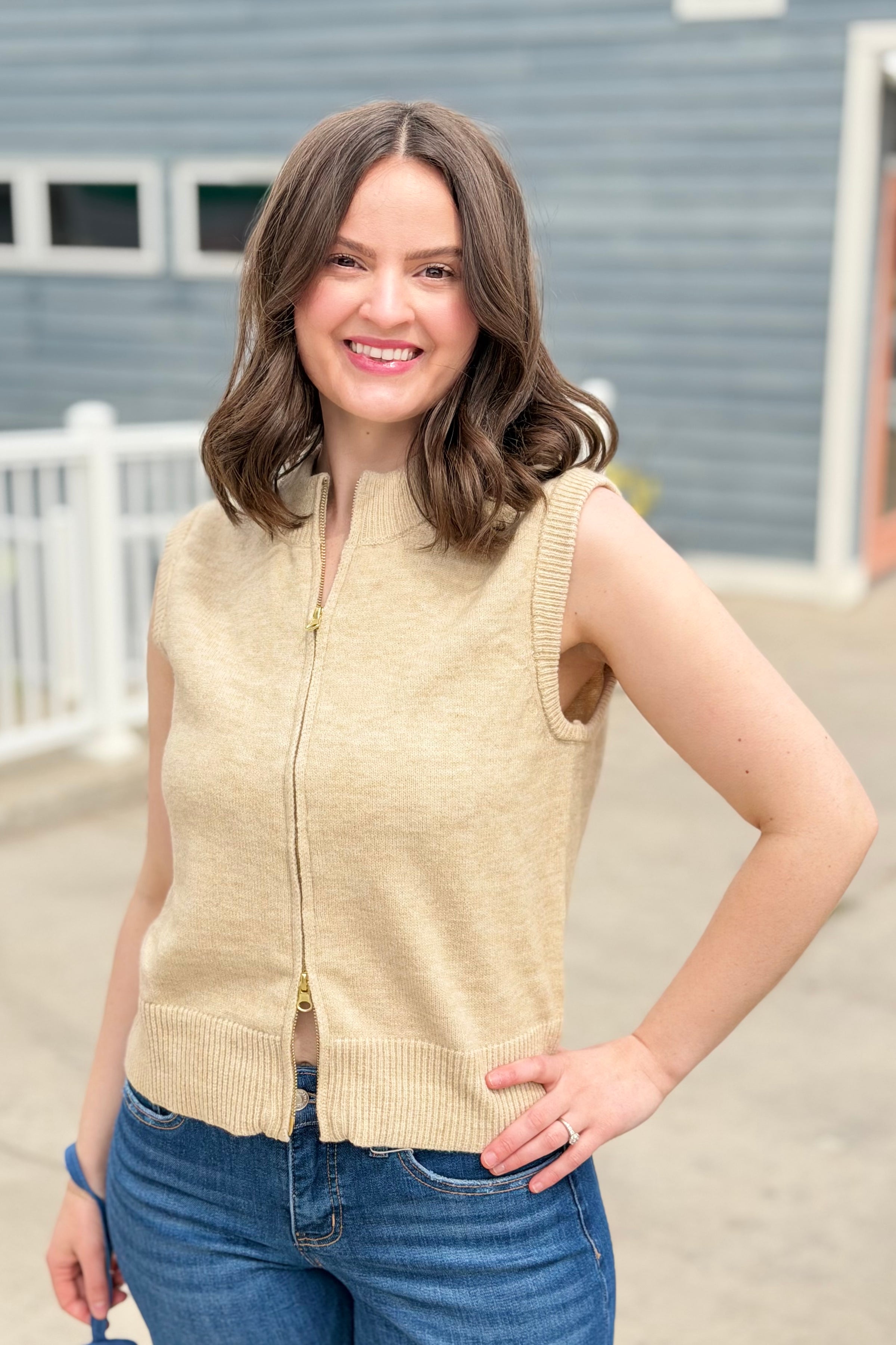 Zip Up Knit Vest - Sand