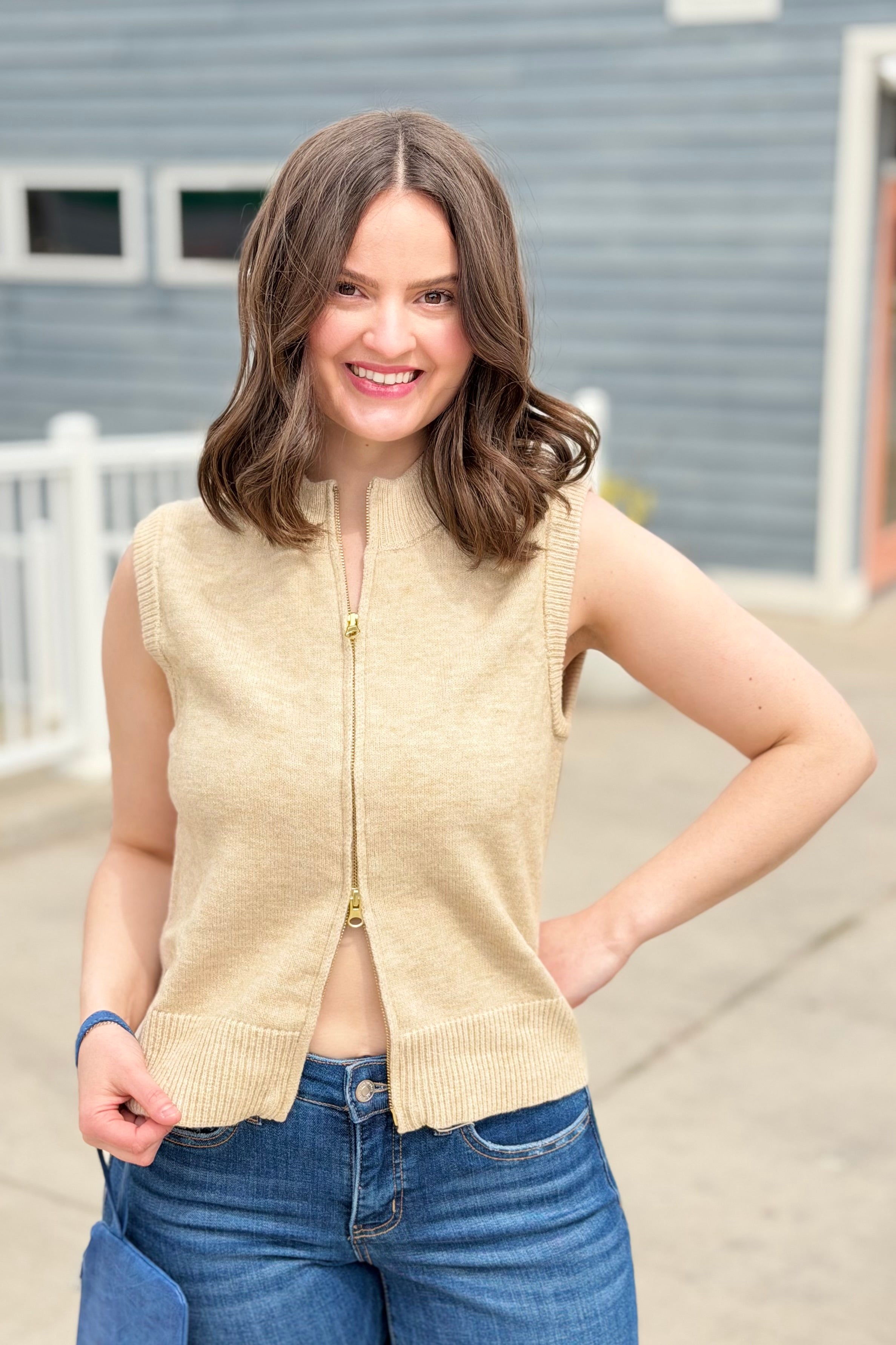 Zip Up Knit Vest - Sand