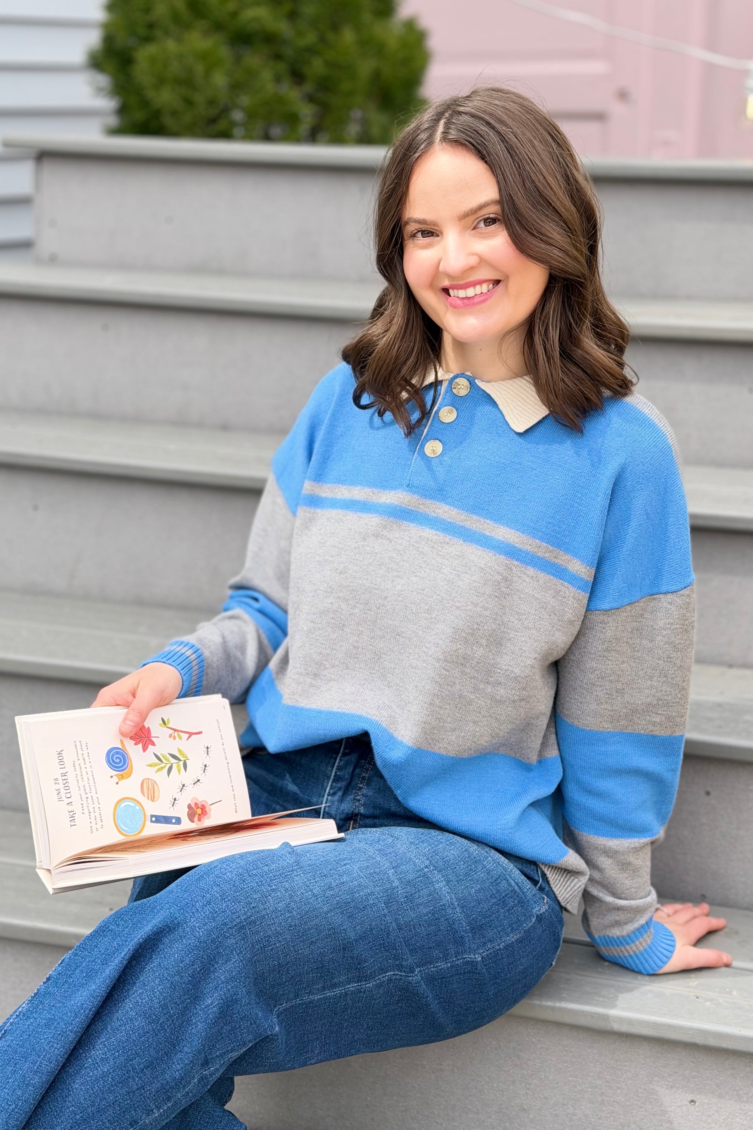 Striped Sweater With Polo Collar - Blue