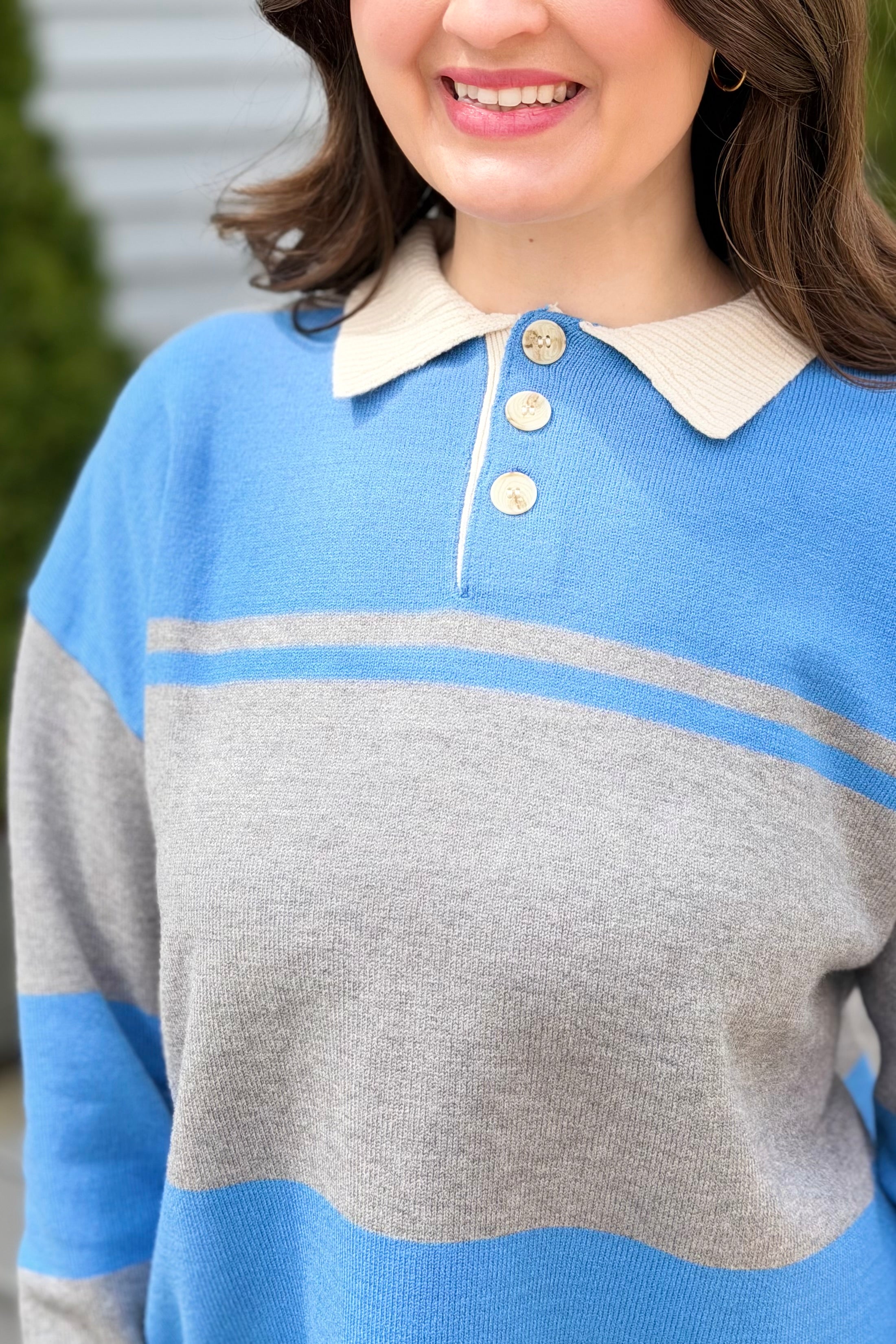 Striped Sweater With Polo Collar - Blue