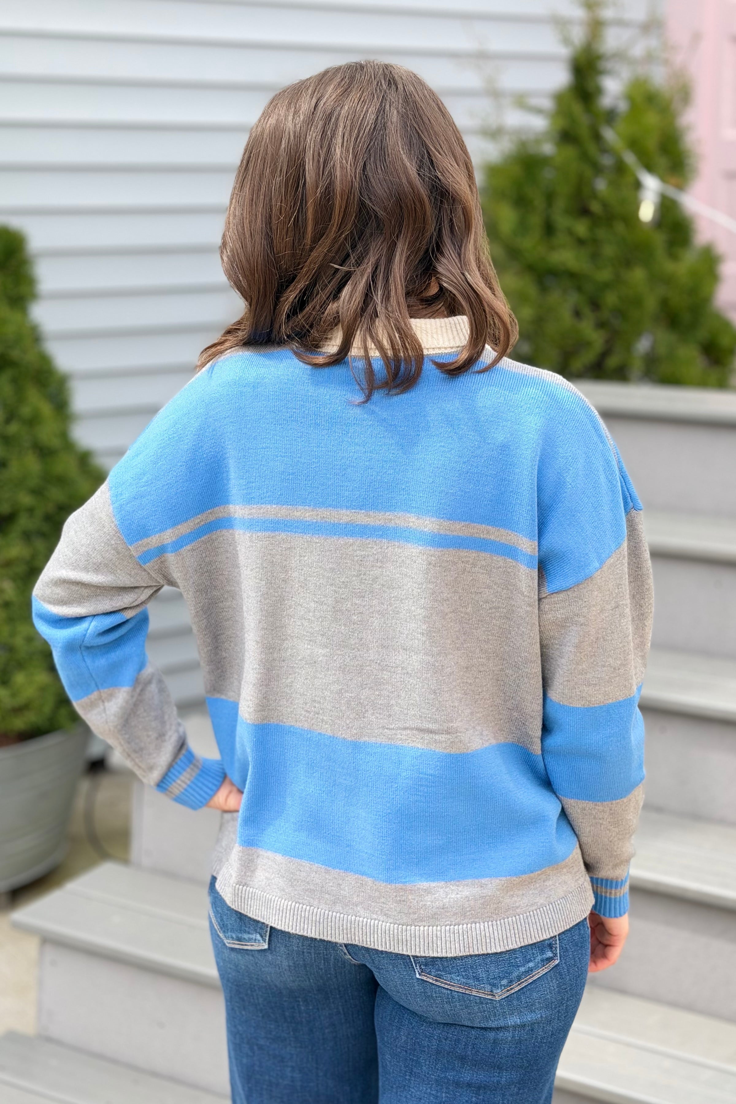 Striped Sweater With Polo Collar - Blue