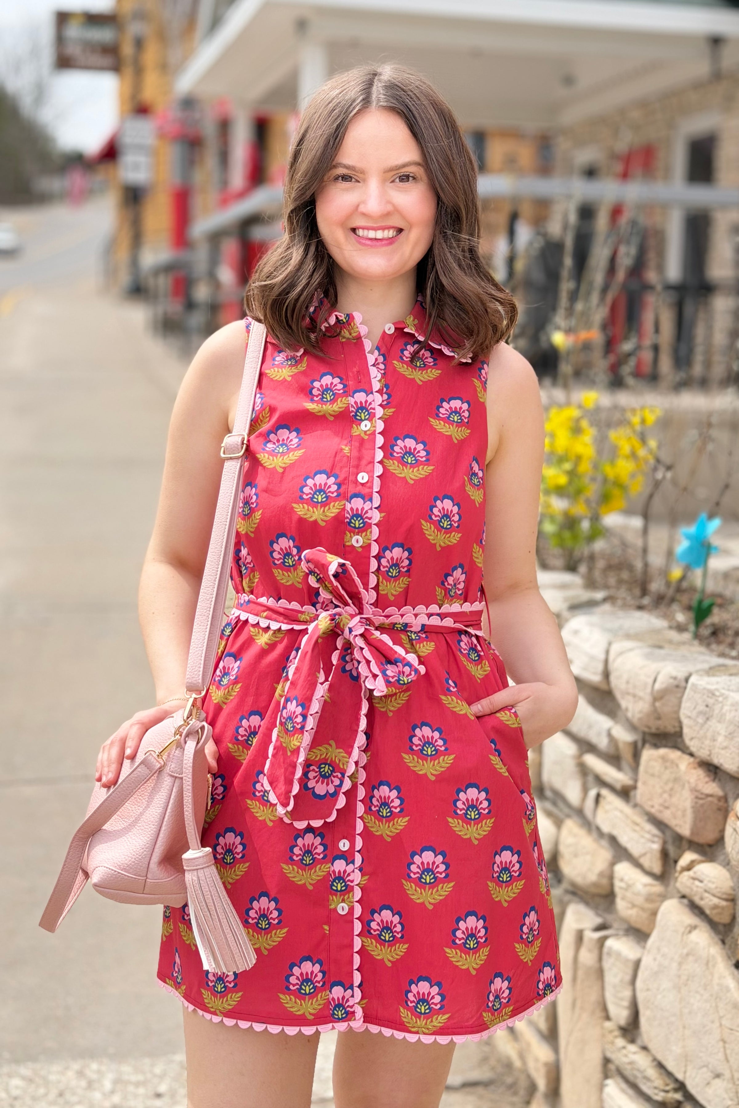 Scalloped Trim Detail Dress - Berry
