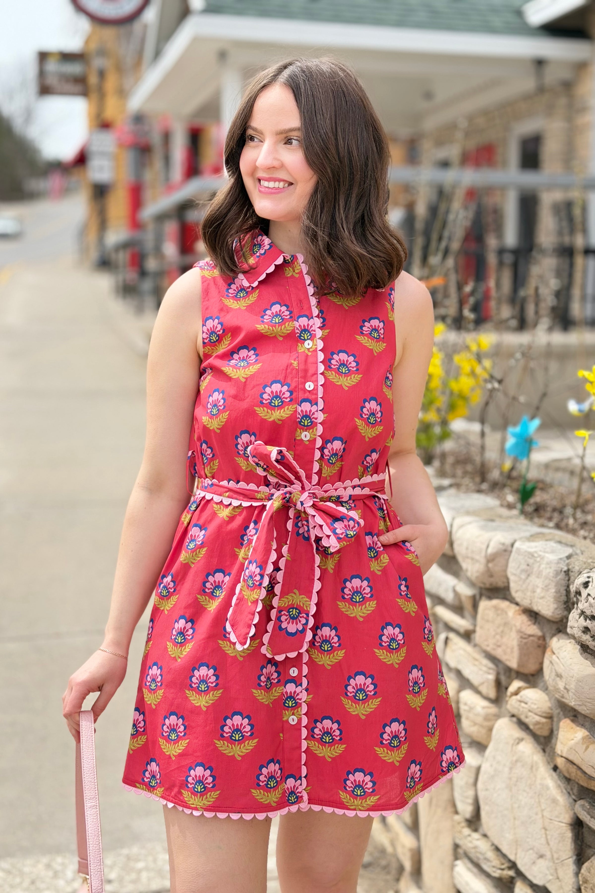 Scalloped Trim Detail Dress - Berry