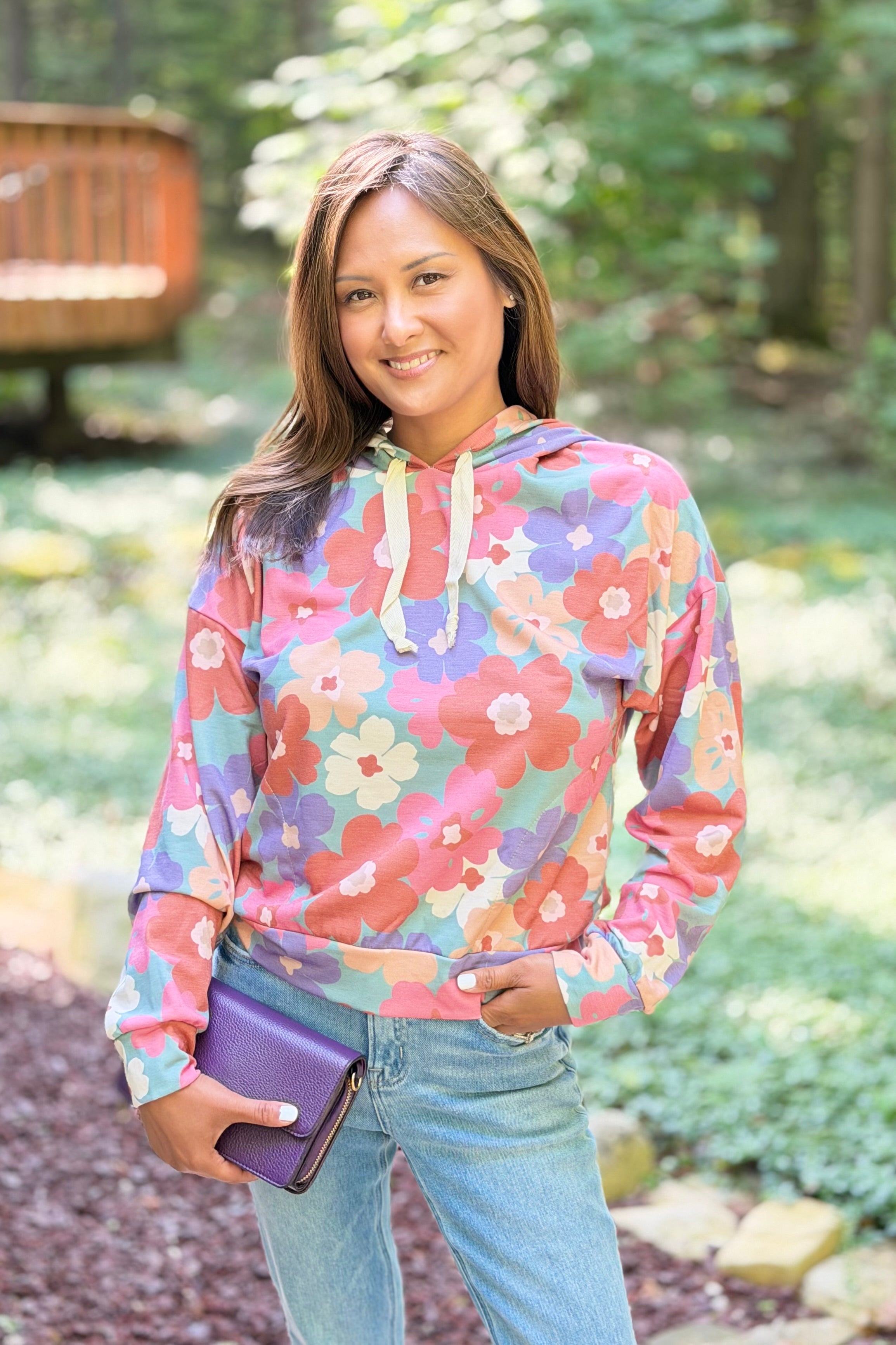 Floral Hoodie with Drawstrings - Sage