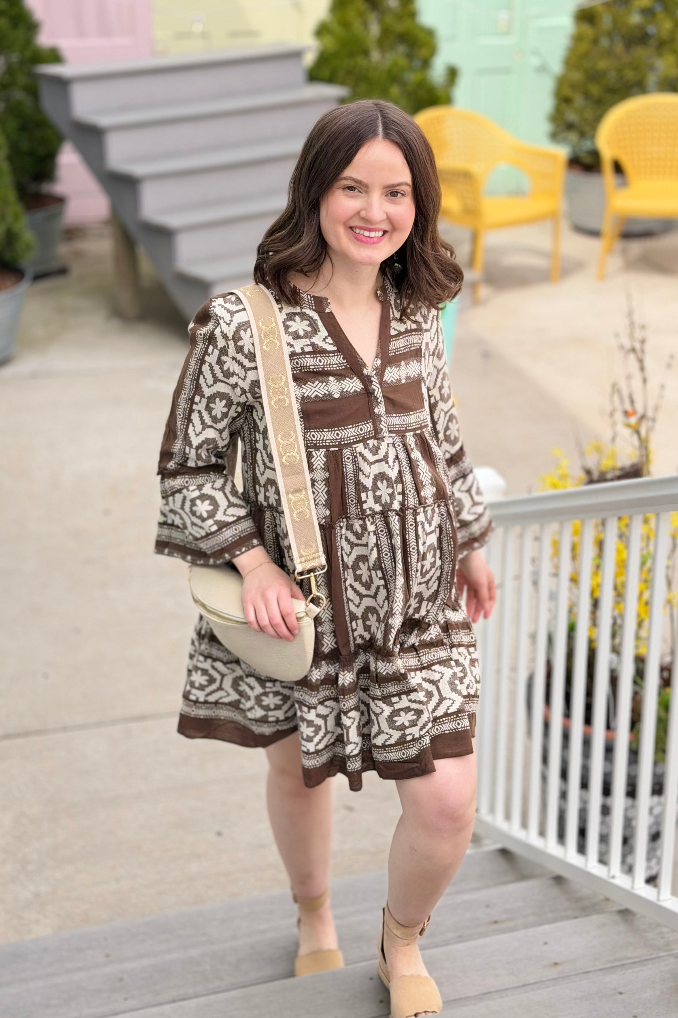 Abstract Bell Sleeve Dress - Brown/Natural