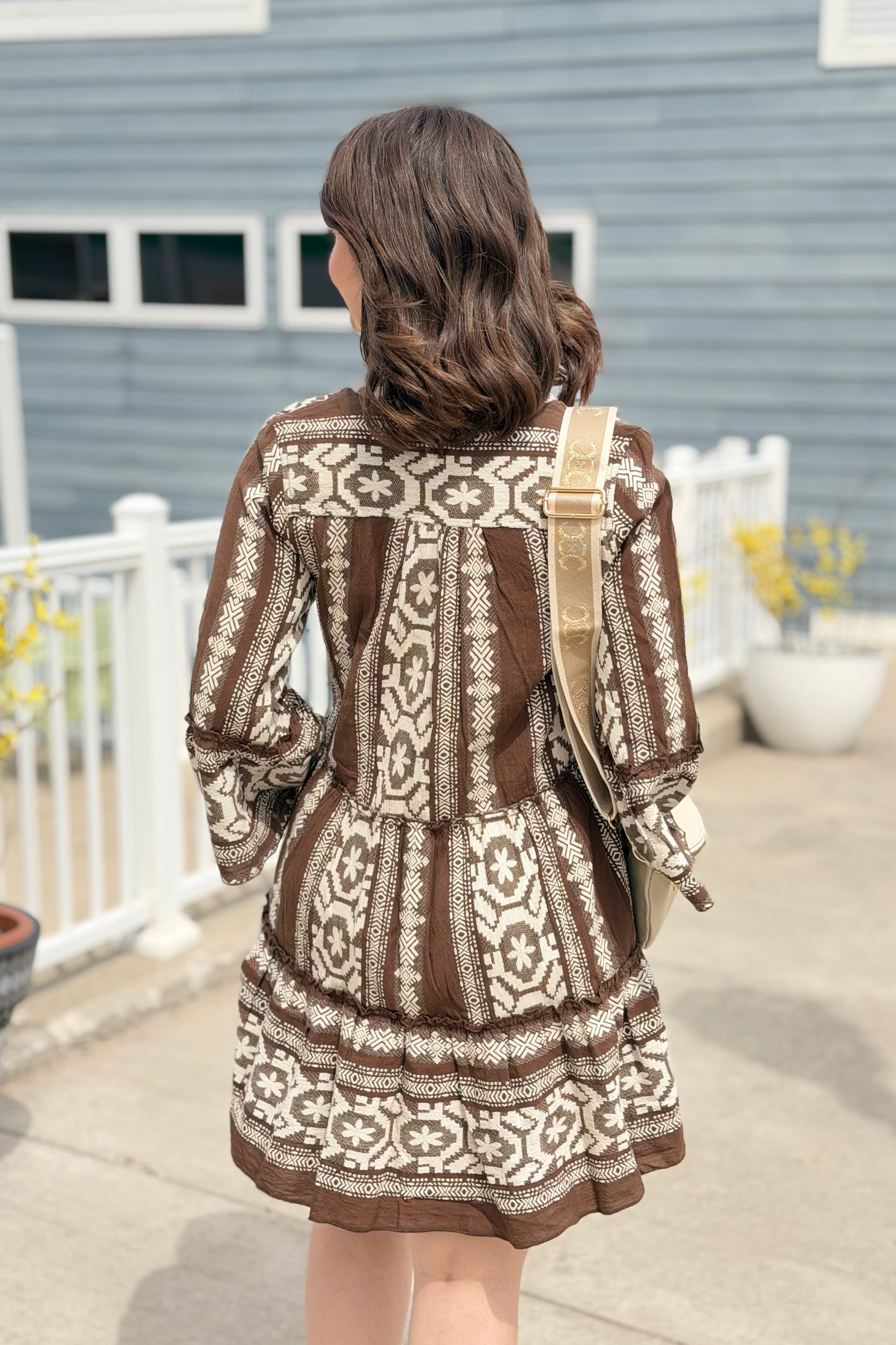 Abstract Bell Sleeve Dress - Brown/Natural