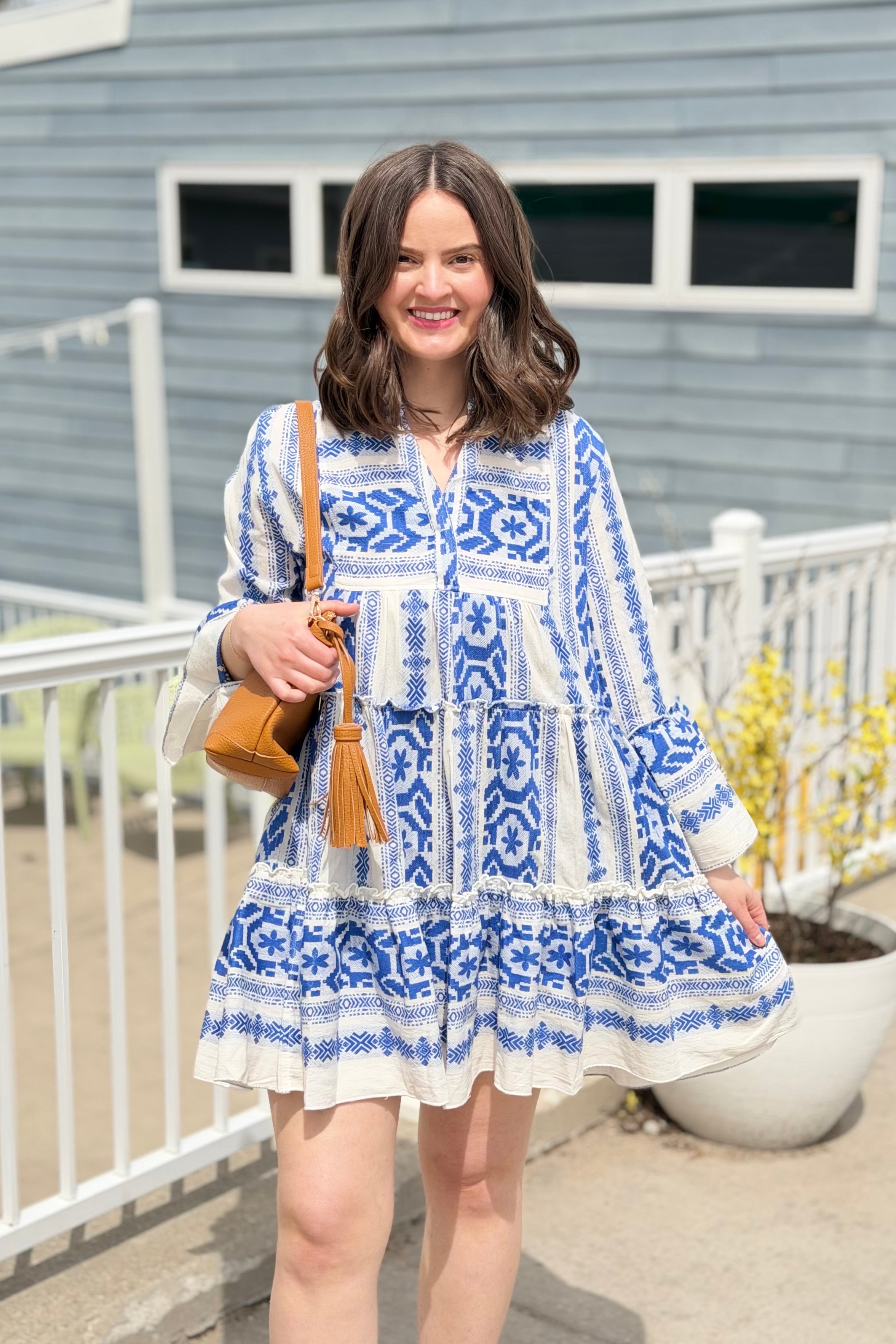 Abstract Bell Sleeve Dress - Natural Blue