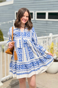 Abstract Bell Sleeve Dress - Natural Blue