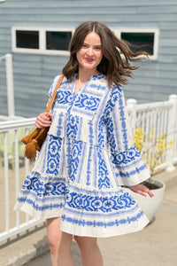 Abstract Bell Sleeve Dress - Natural Blue