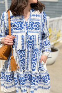 Abstract Bell Sleeve Dress - Natural Blue