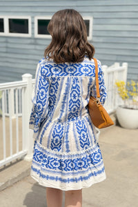 Abstract Bell Sleeve Dress - Natural Blue