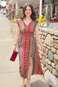 Bohemian V-neck Cinched Waist Dress