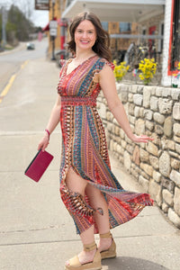 Bohemian V-neck Cinched Waist Dress