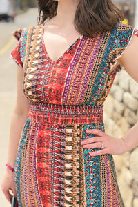 Bohemian V-neck Cinched Waist Dress