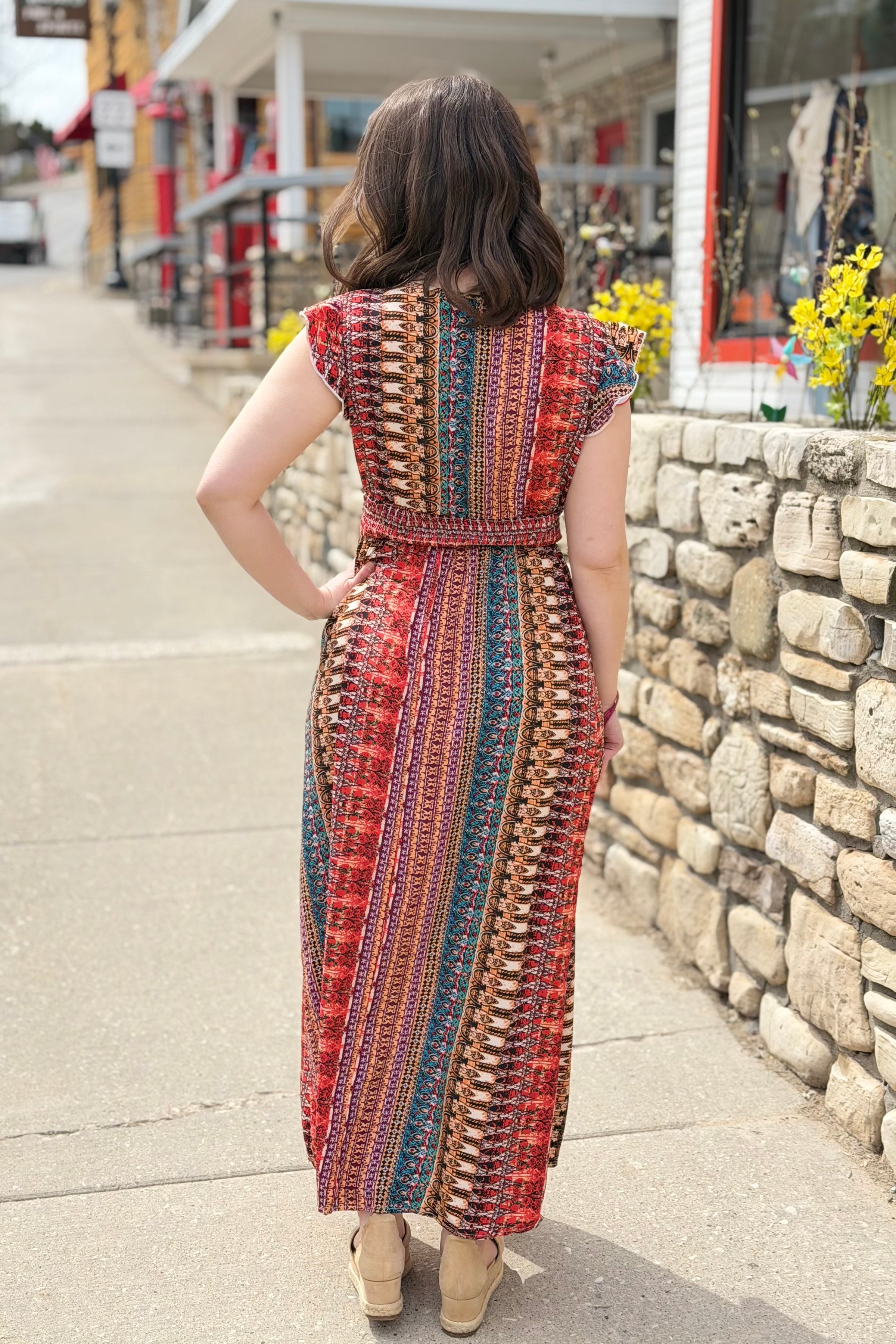 Bohemian V-neck Cinched Waist Dress