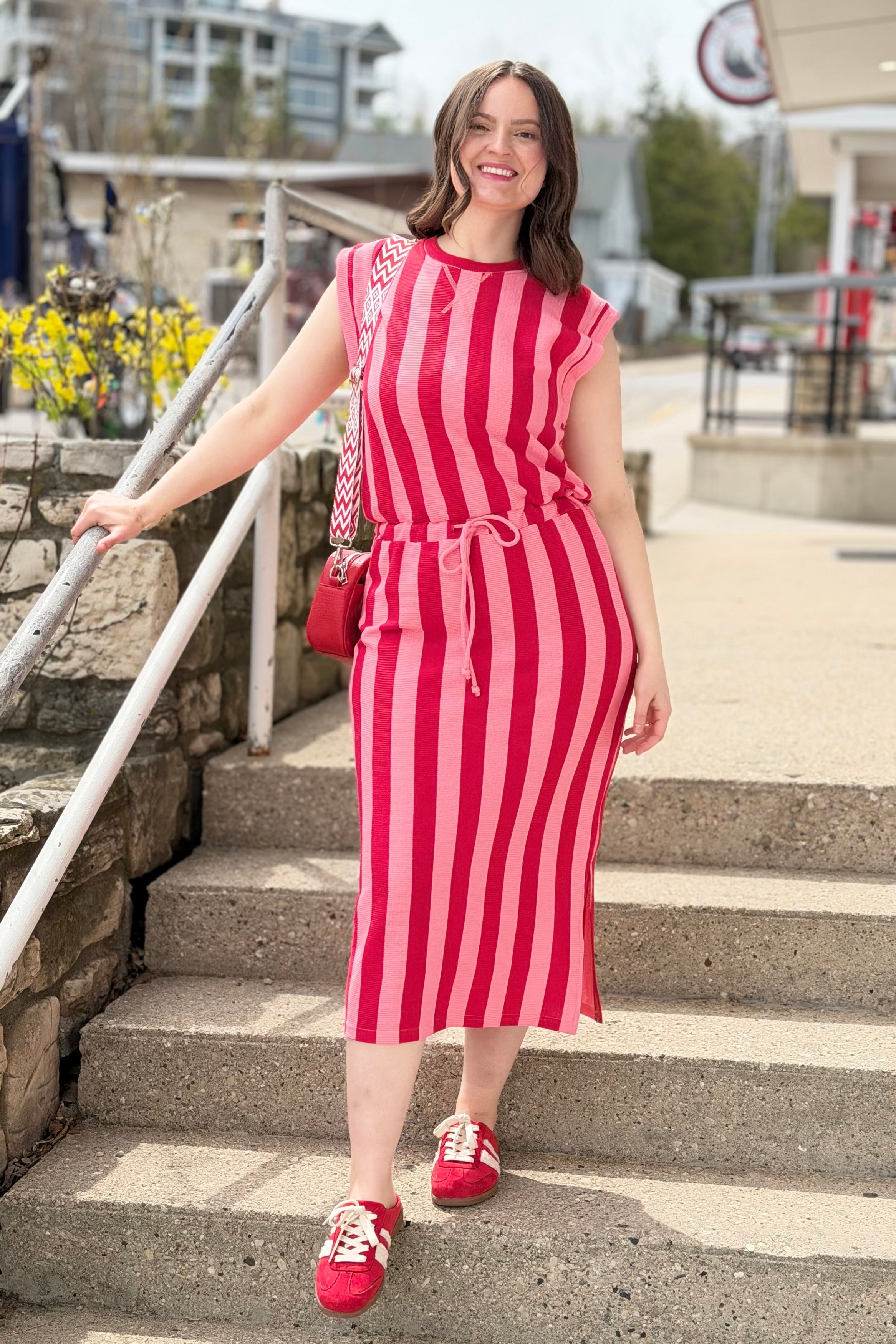Striped Tie Waist Midi Dress - Red