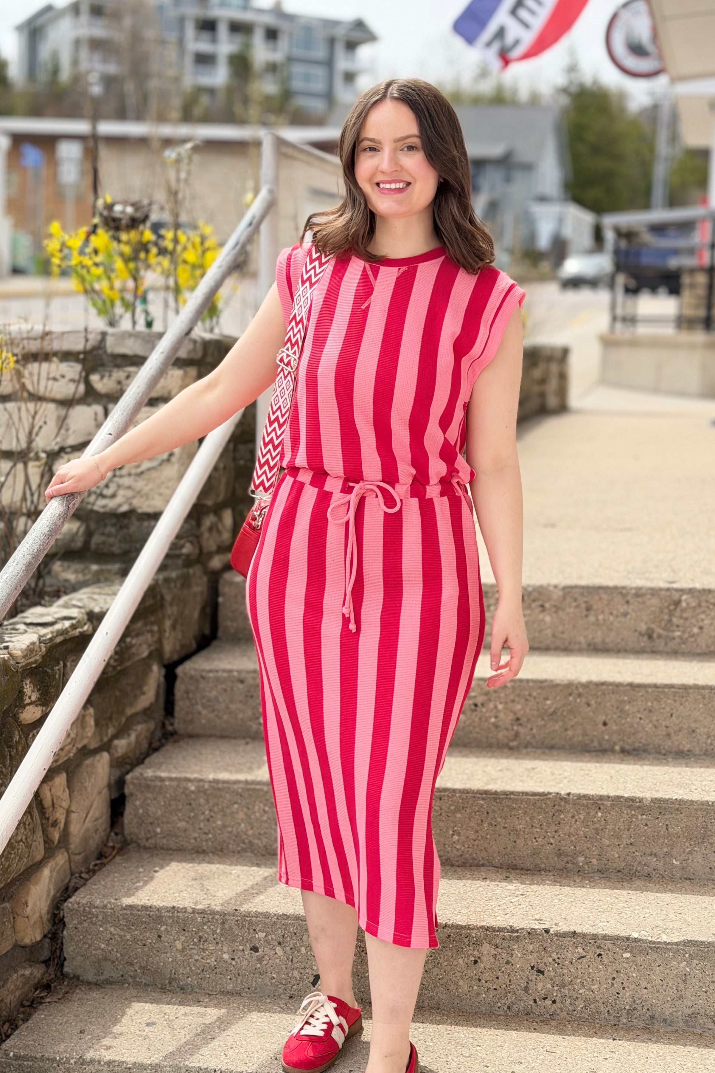 Striped Tie Waist Midi Dress - Red