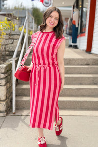 Striped Tie Waist Midi Dress - Red