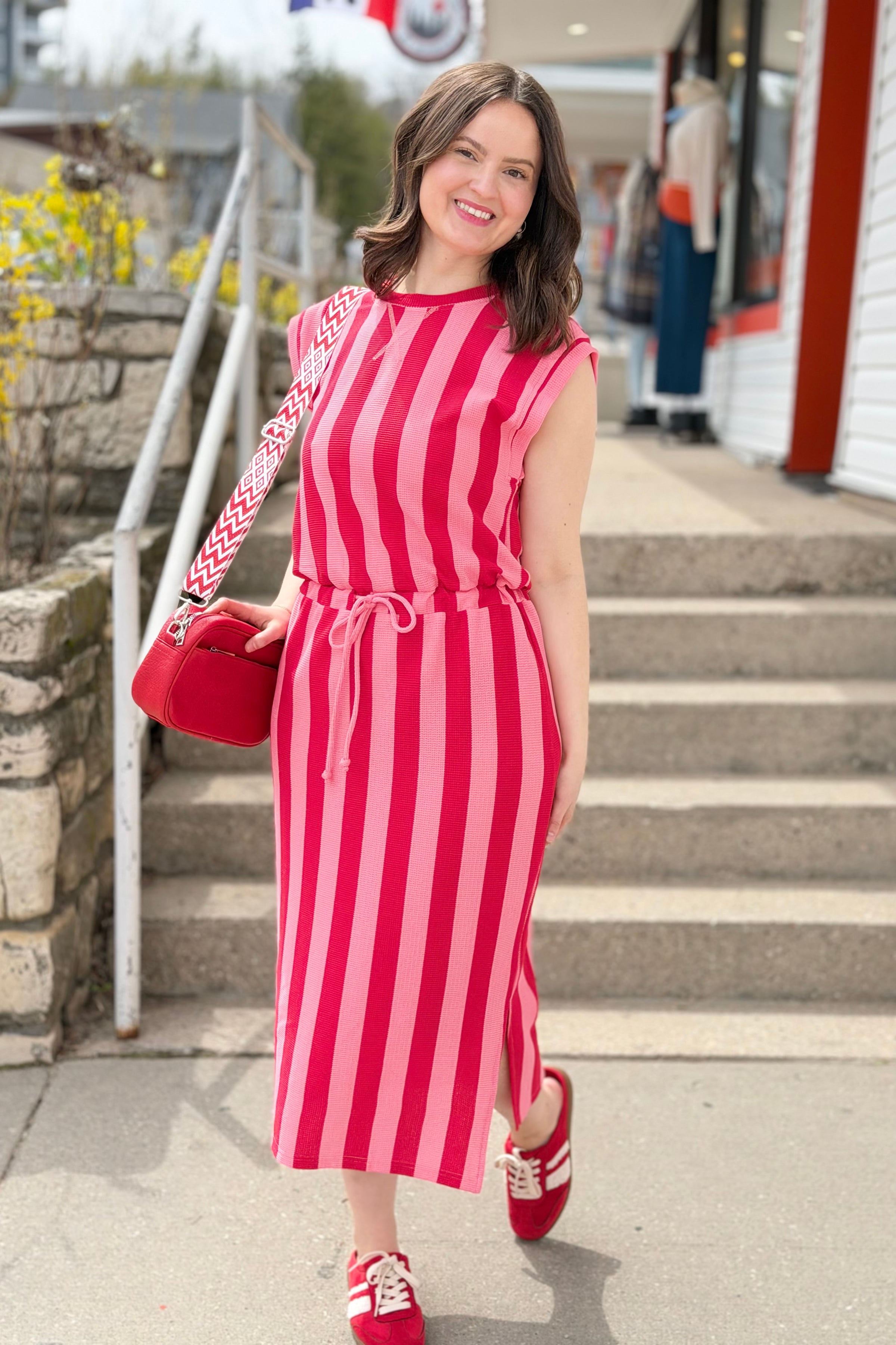Striped Tie Waist Midi Dress - Red