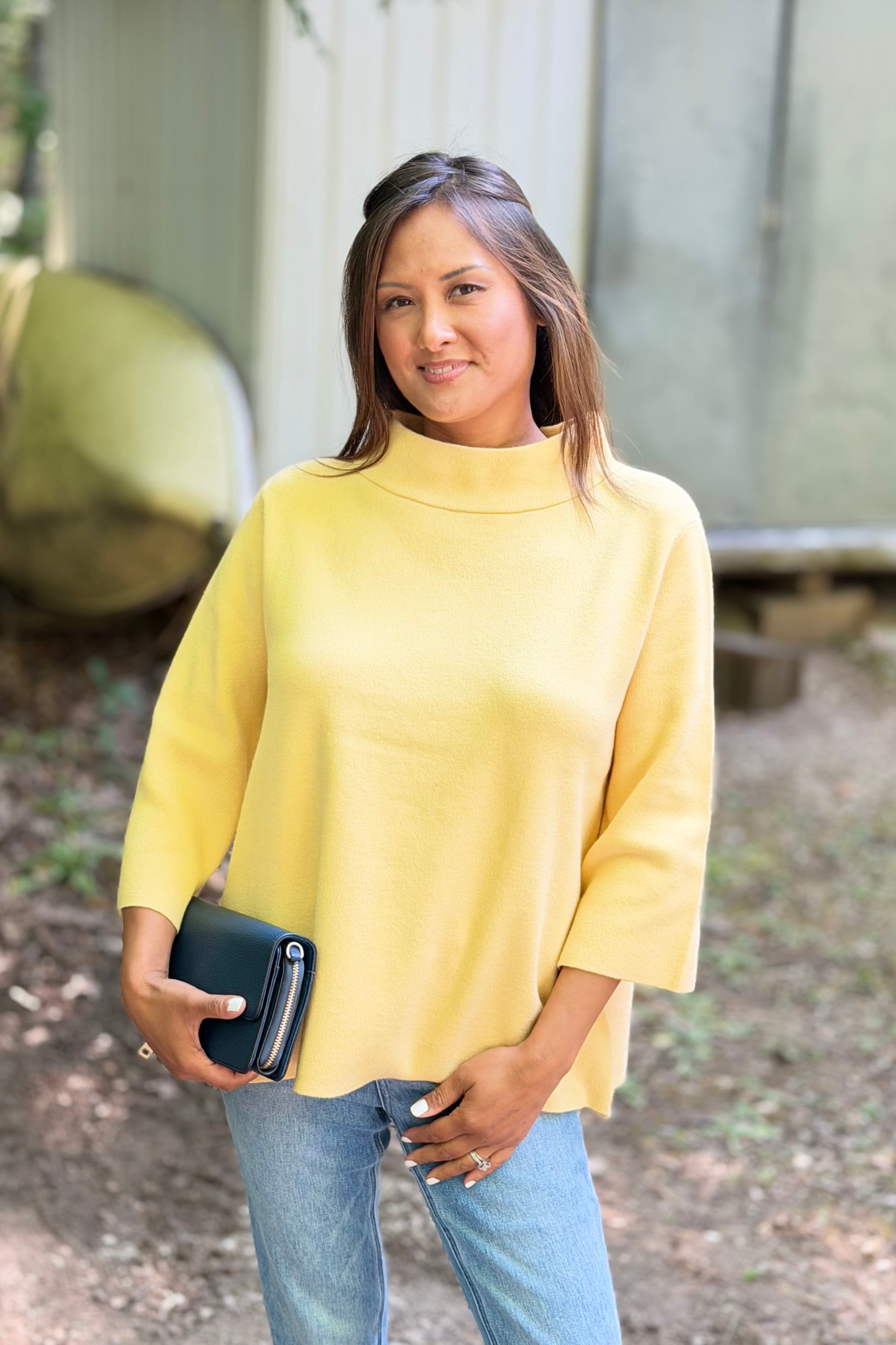 Mock Neck Bell Sleeve Sweater - Yellow