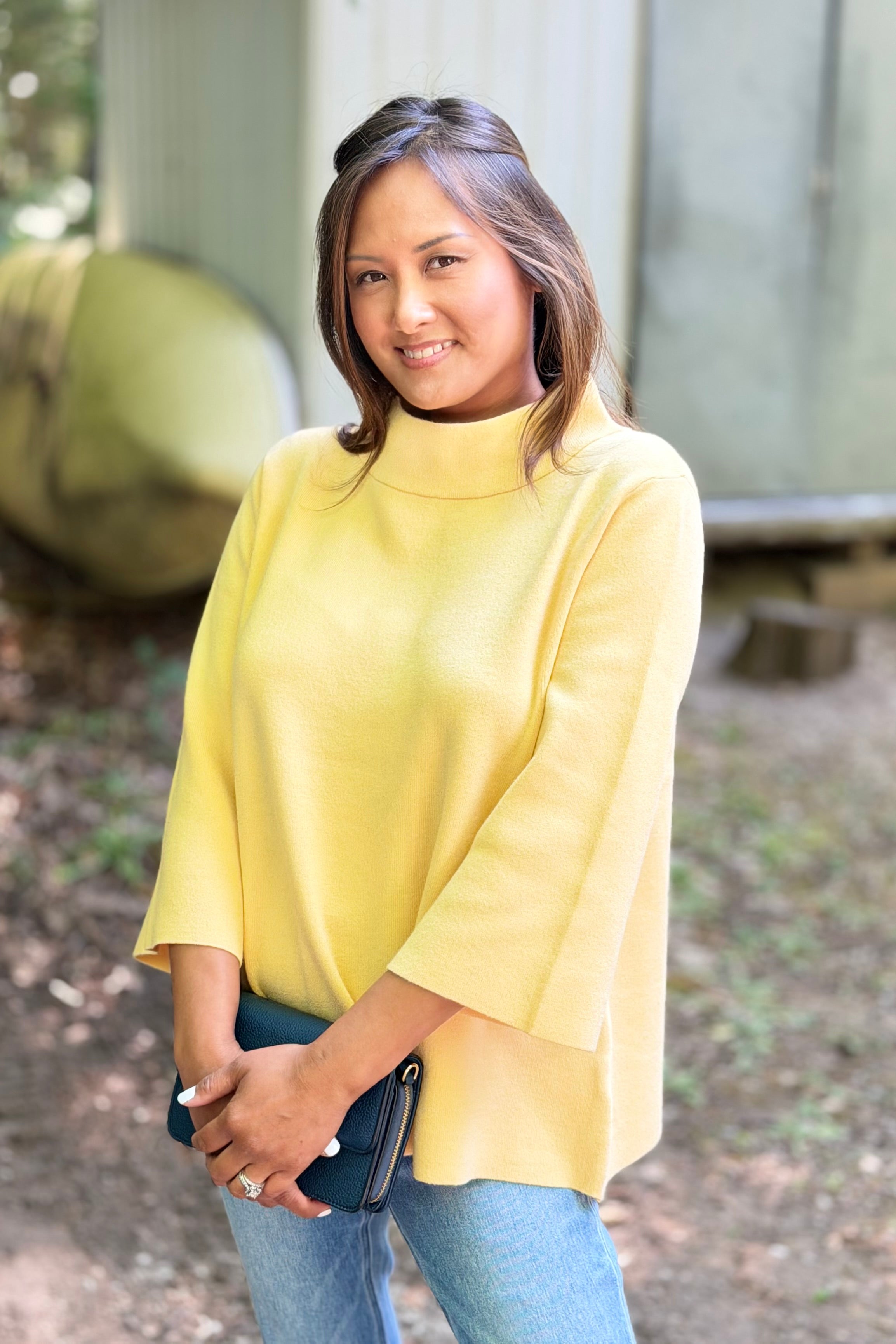 Mock Neck Bell Sleeve Sweater - Yellow