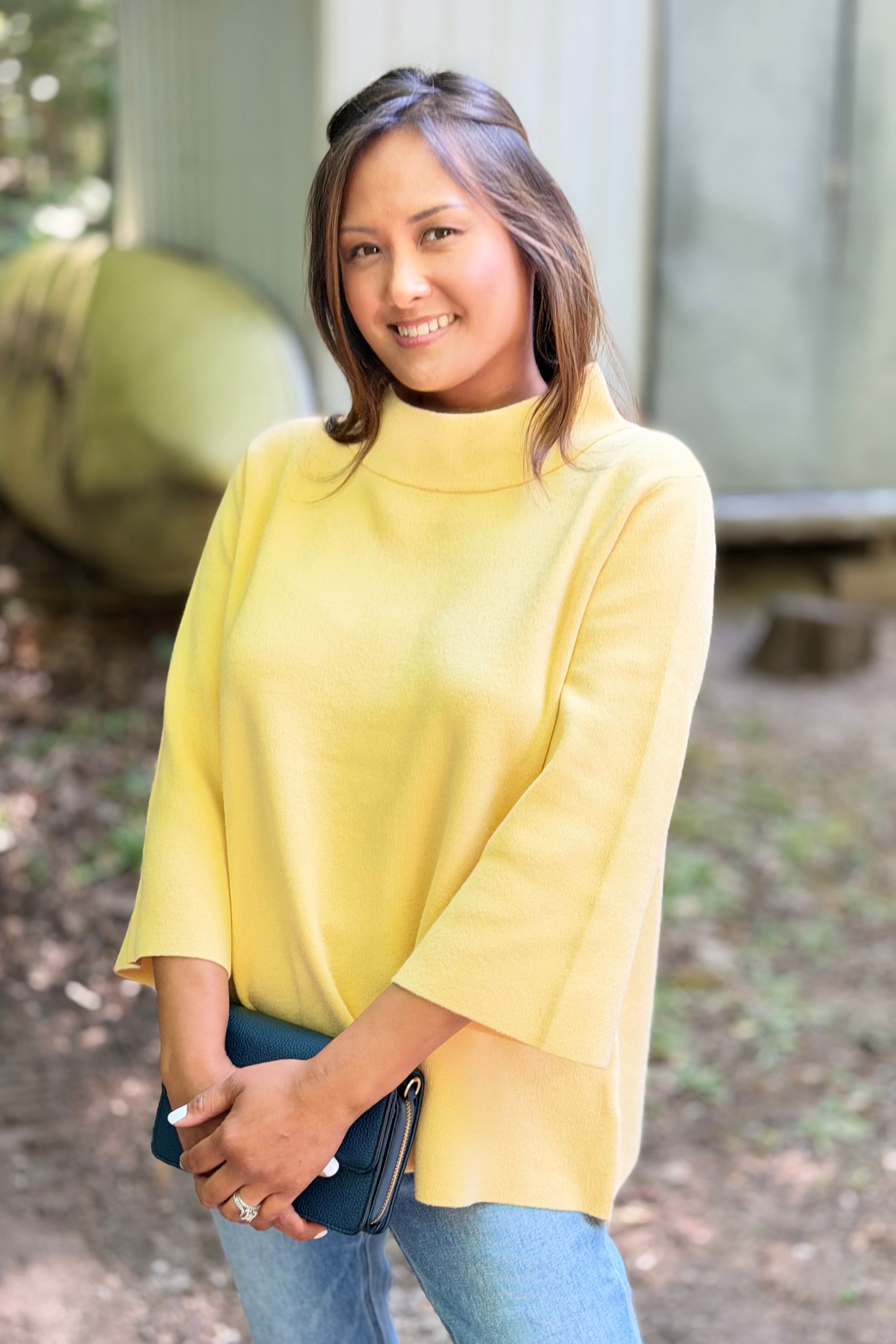 Mock Neck Bell Sleeve Sweater - Yellow