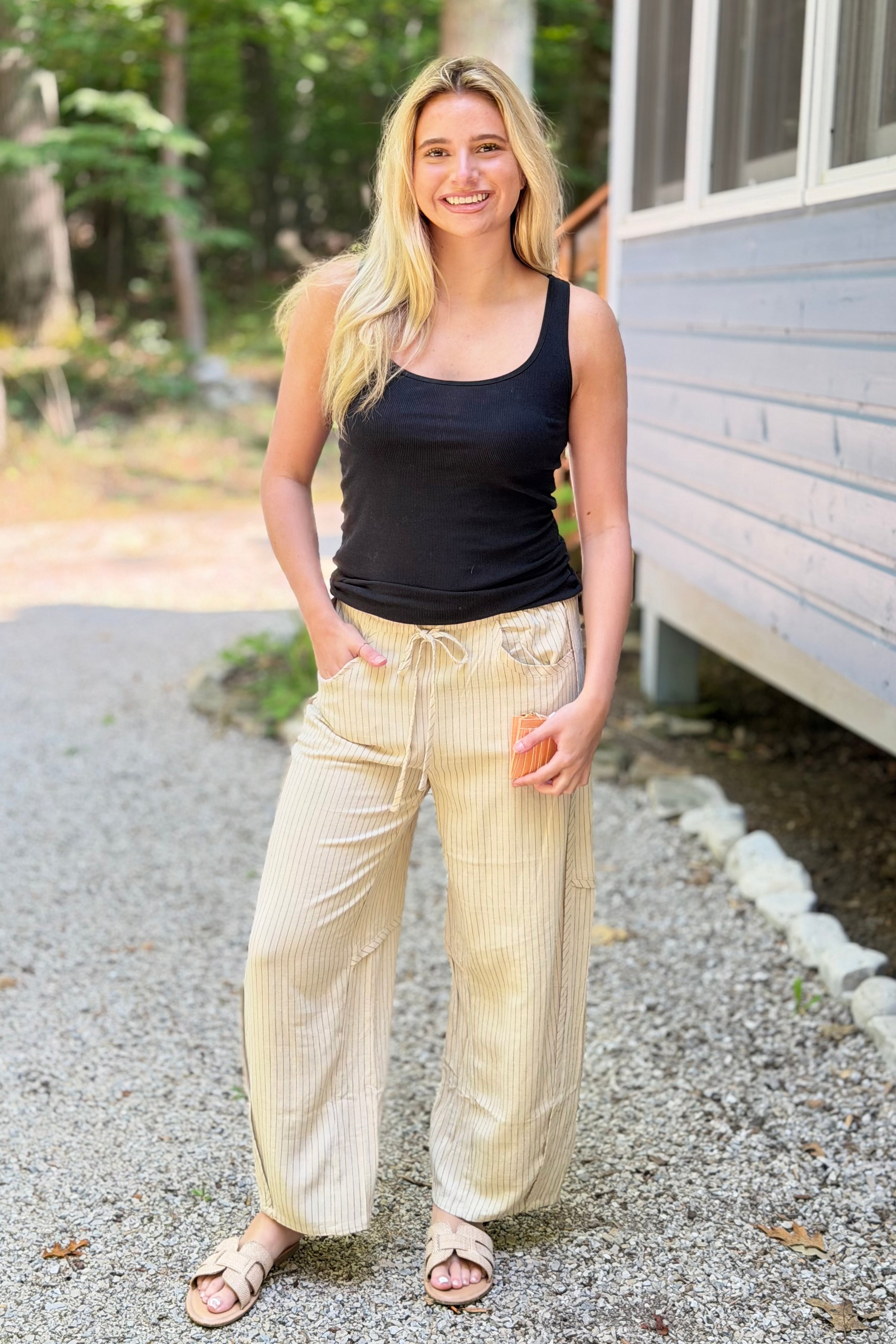 Relaxed Striped Pants - Oatmeal
