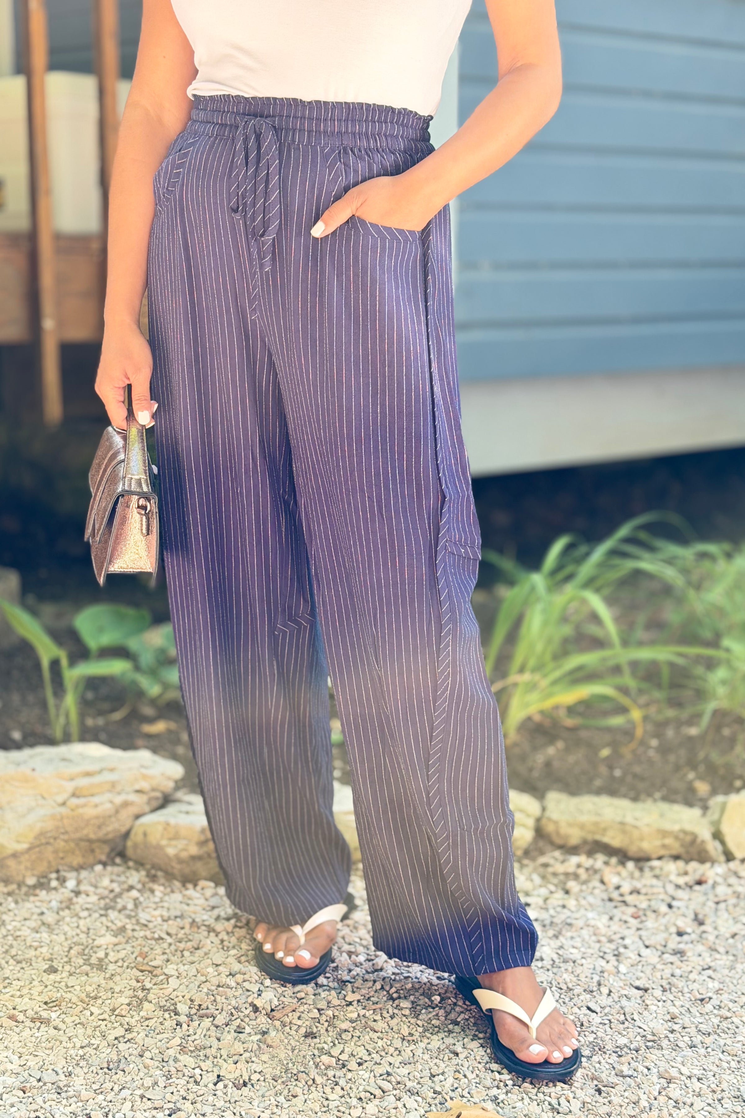 Relaxed Striped Pants - Navy
