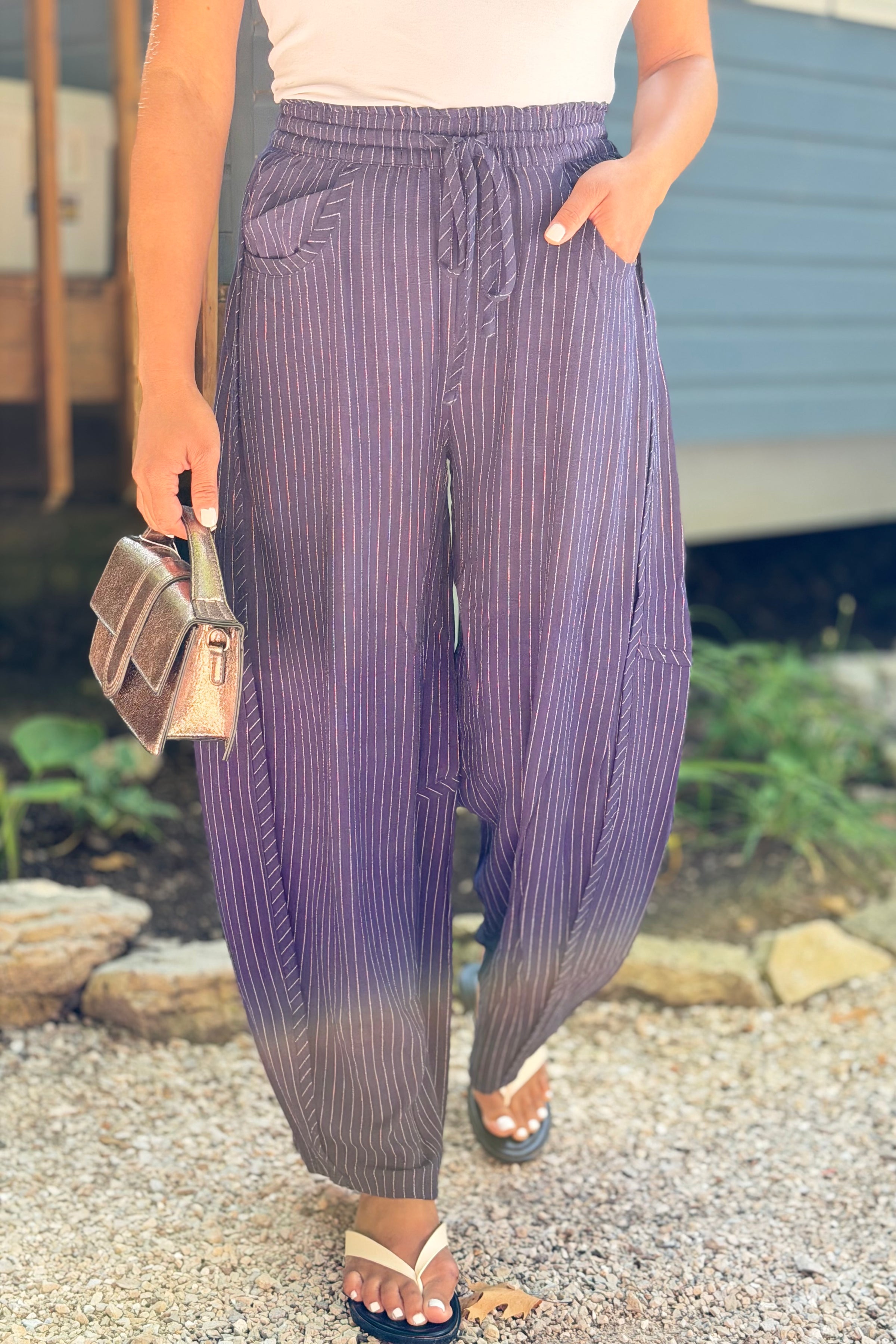 Relaxed Striped Pants - Navy