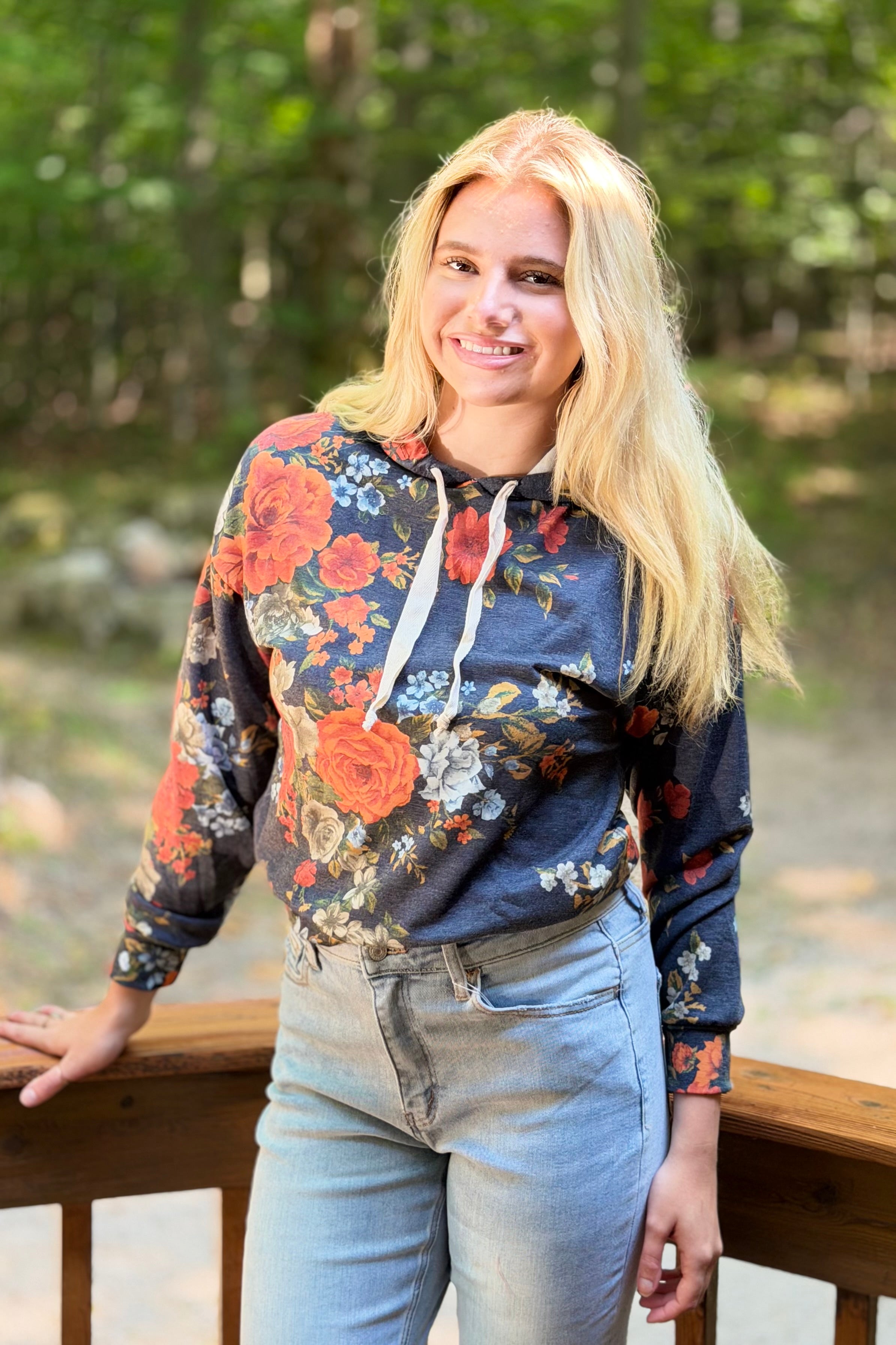 Floral Hoodie with Drawstrings - Navy