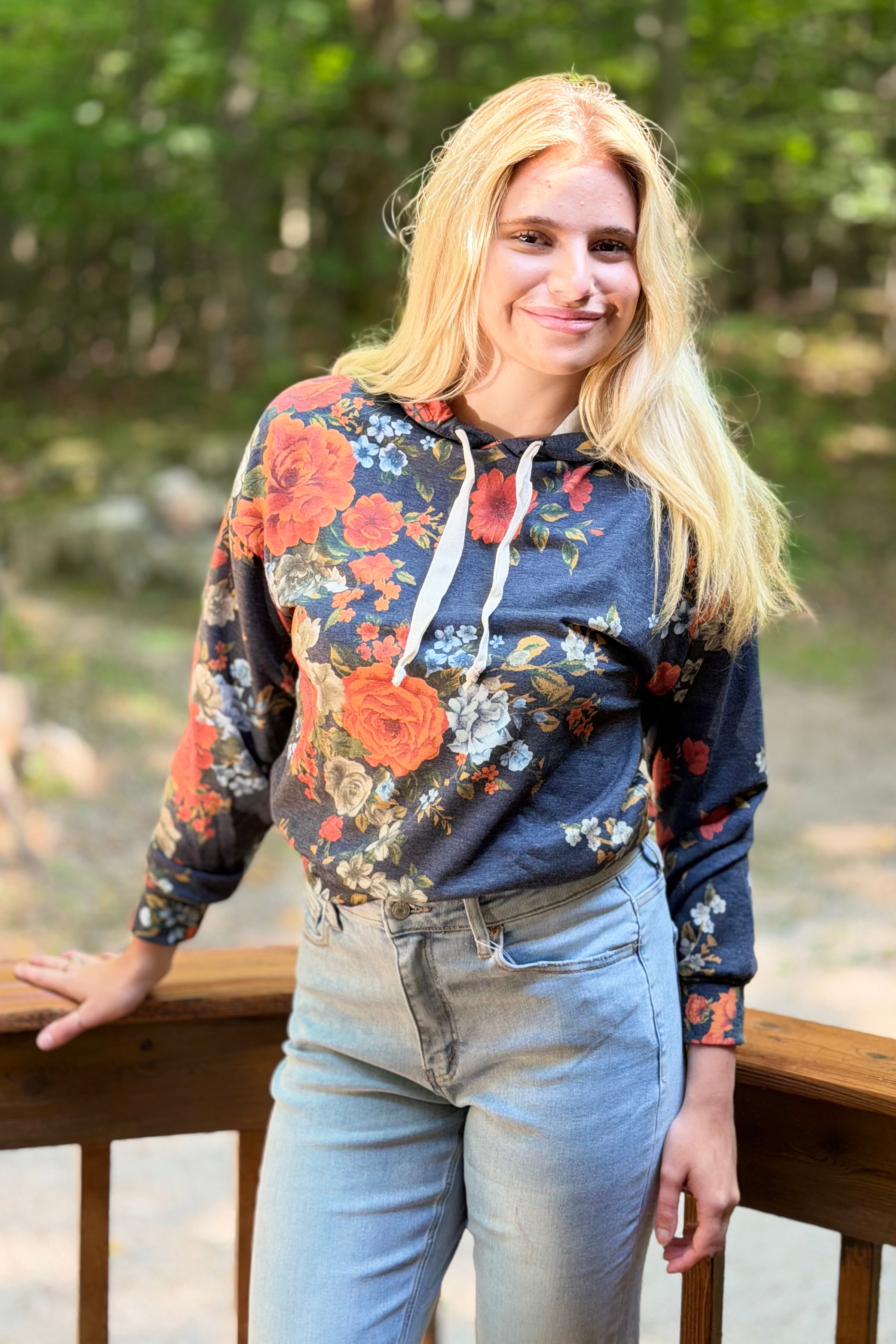 Floral Hoodie with Drawstrings - Navy