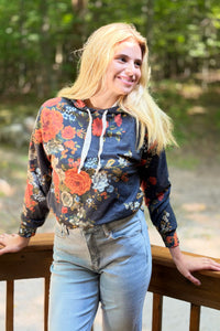 Floral Hoodie with Drawstrings - Navy