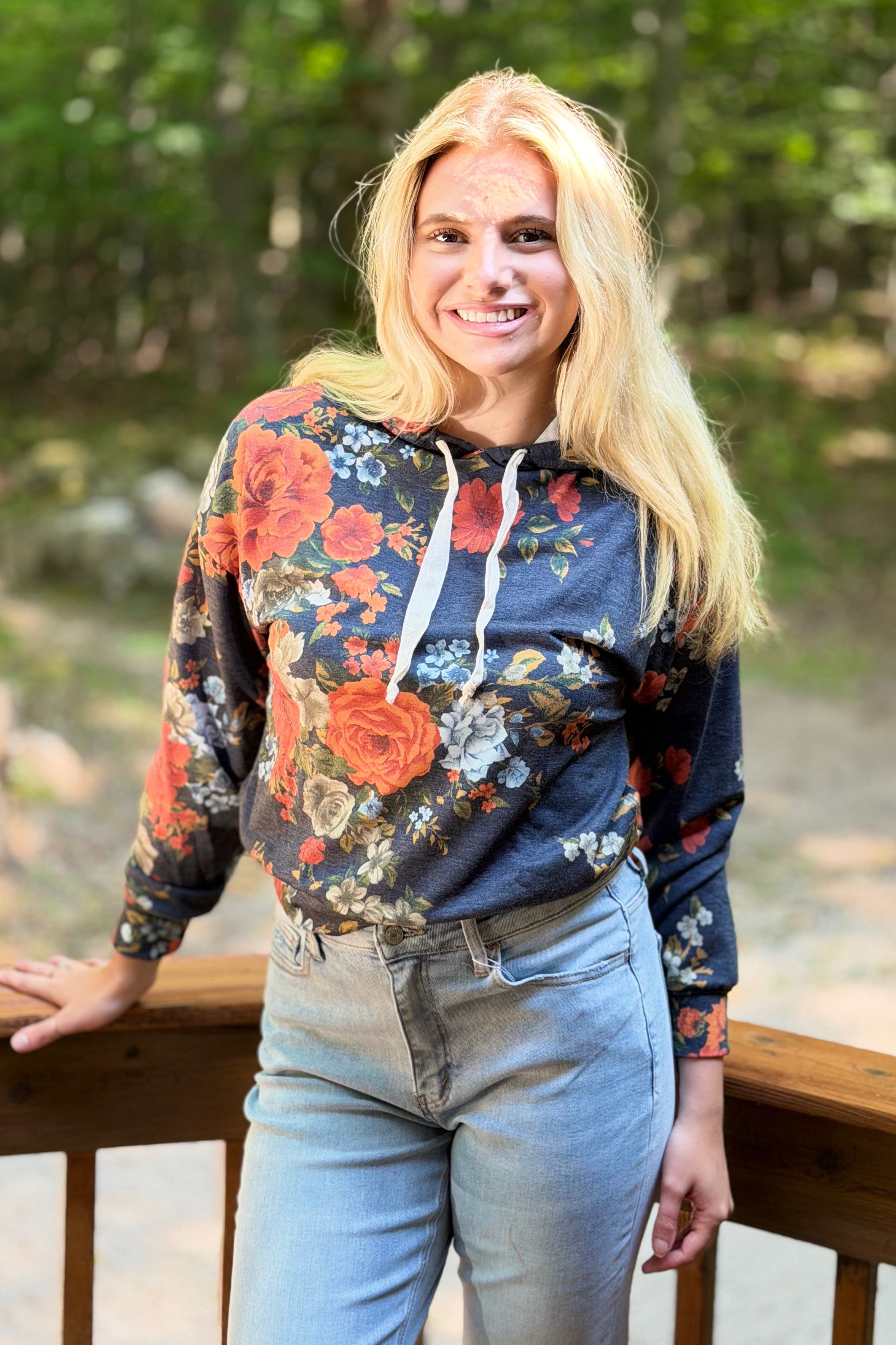 Floral Hoodie with Drawstrings - Navy