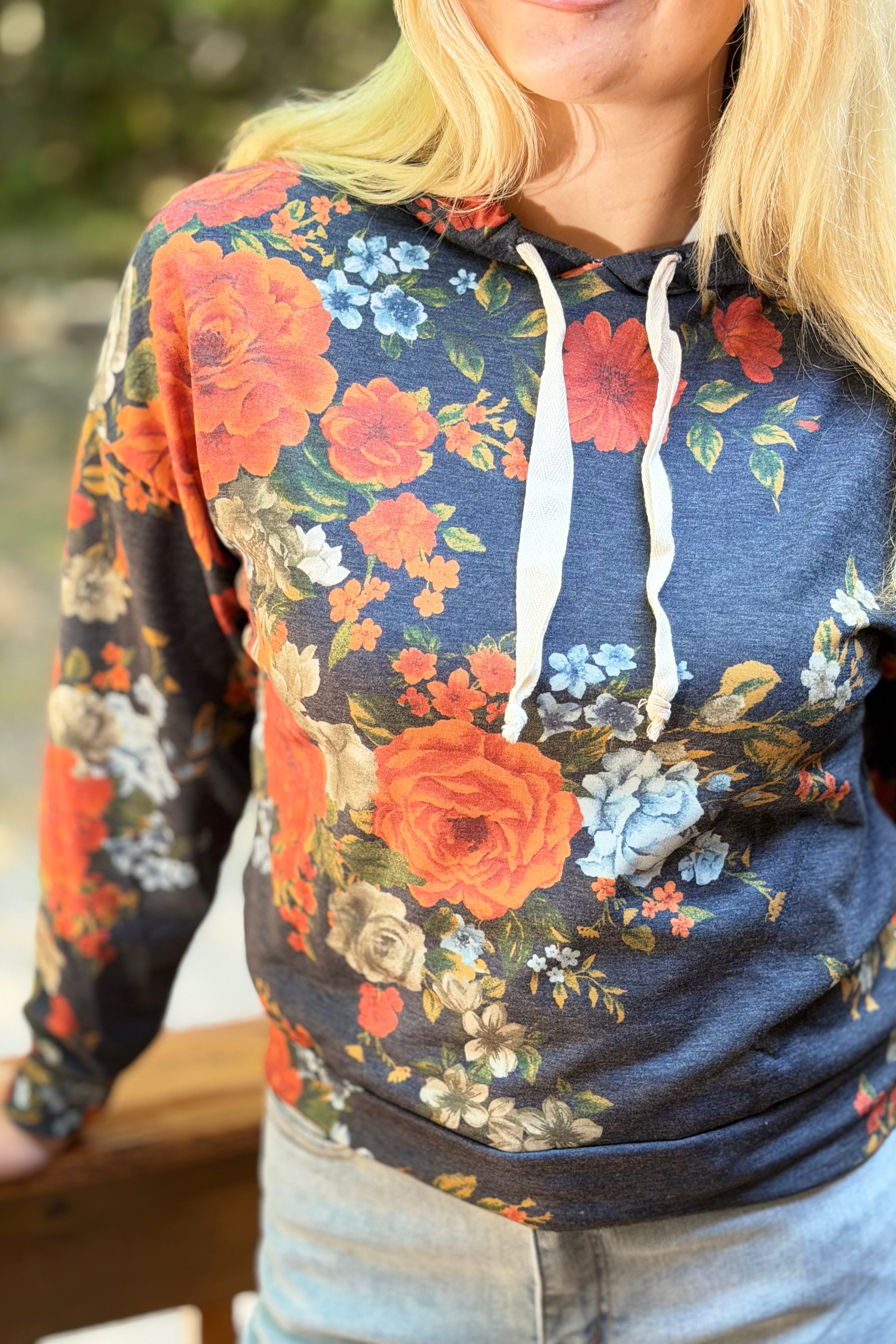 Floral Hoodie with Drawstrings - Navy