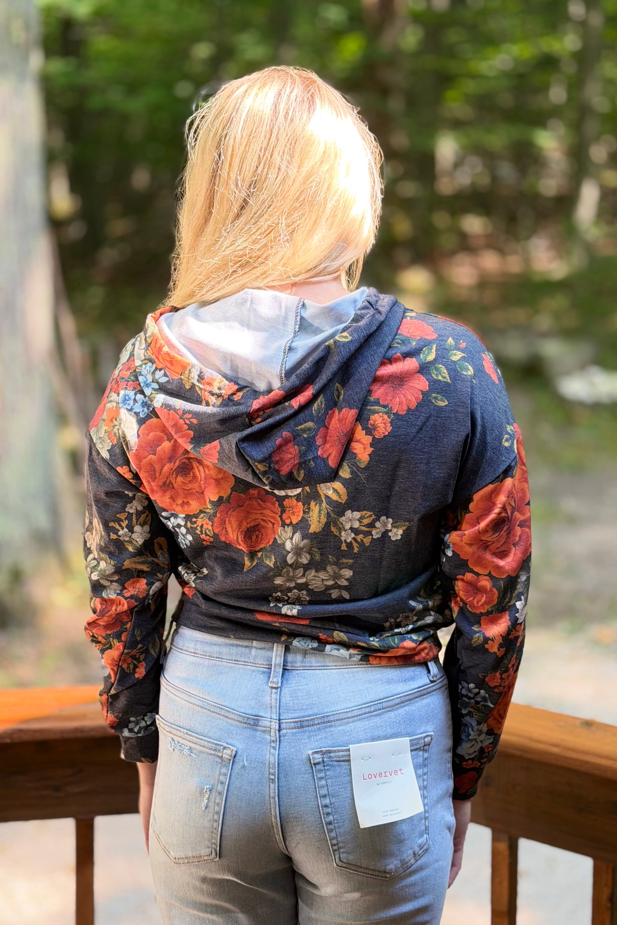 Floral Hoodie with Drawstrings - Navy