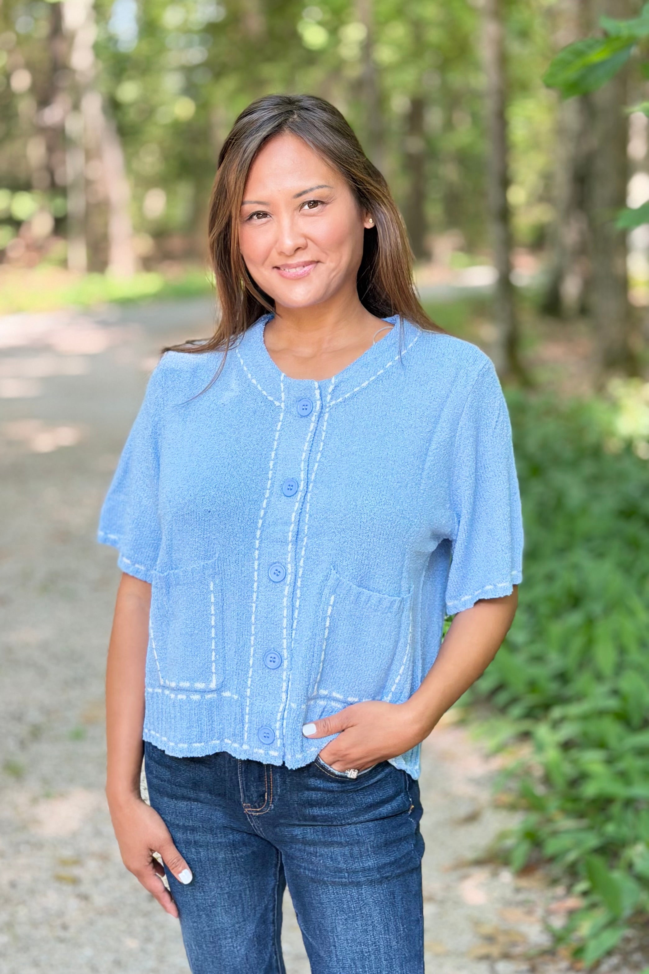 Stitch Detail Cardigan Top - Sky