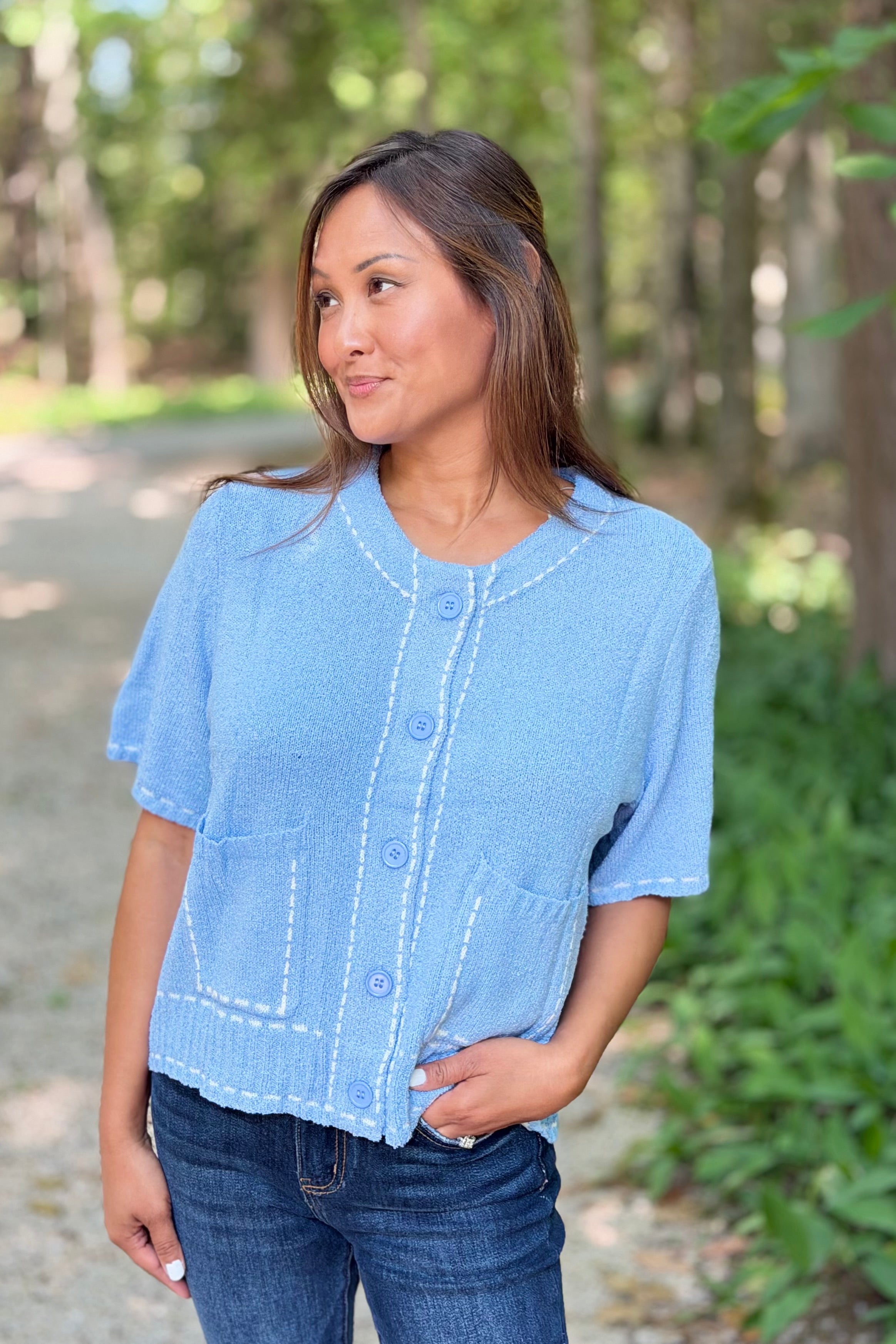Stitch Detail Cardigan Top - Sky
