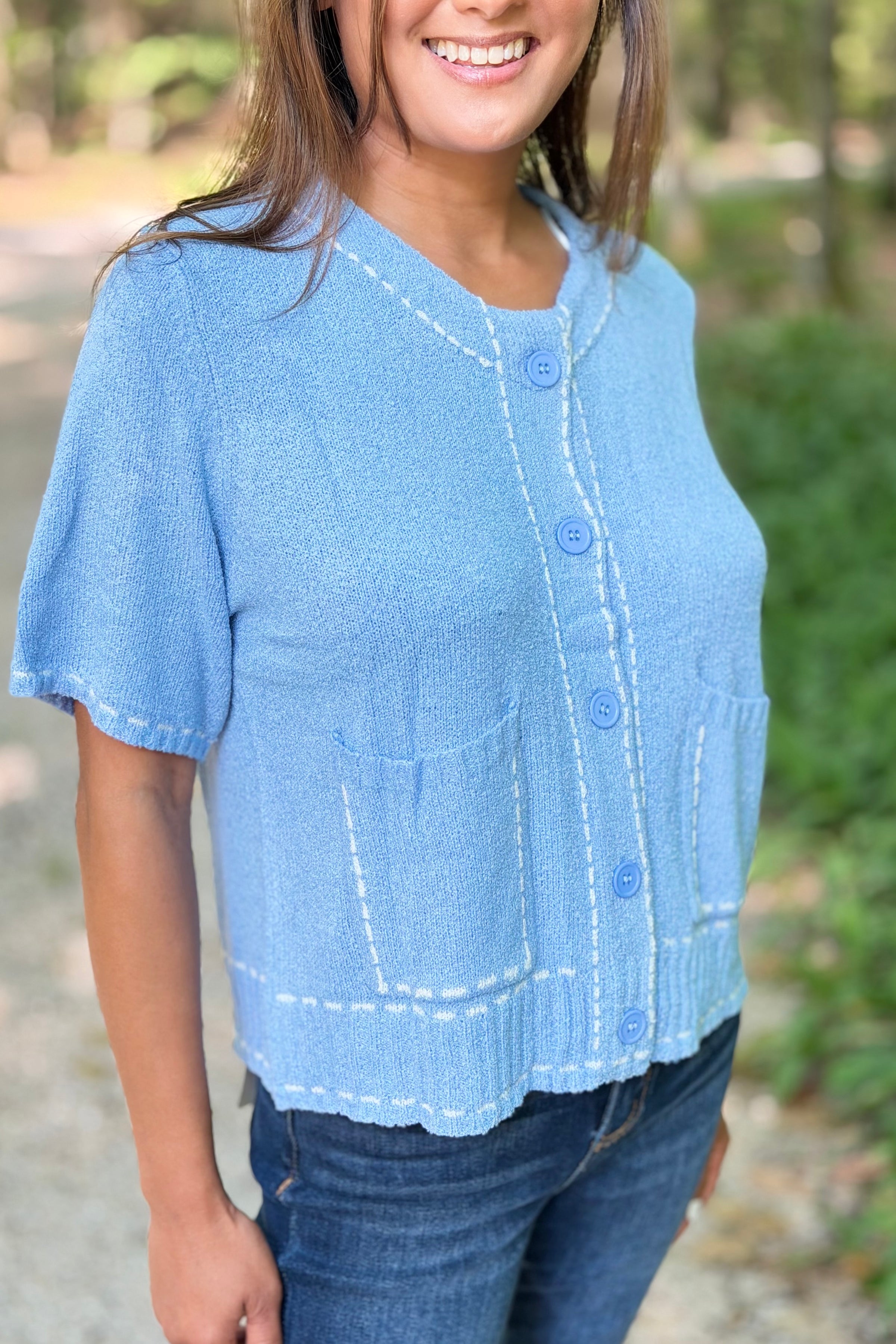 Stitch Detail Cardigan Top - Sky