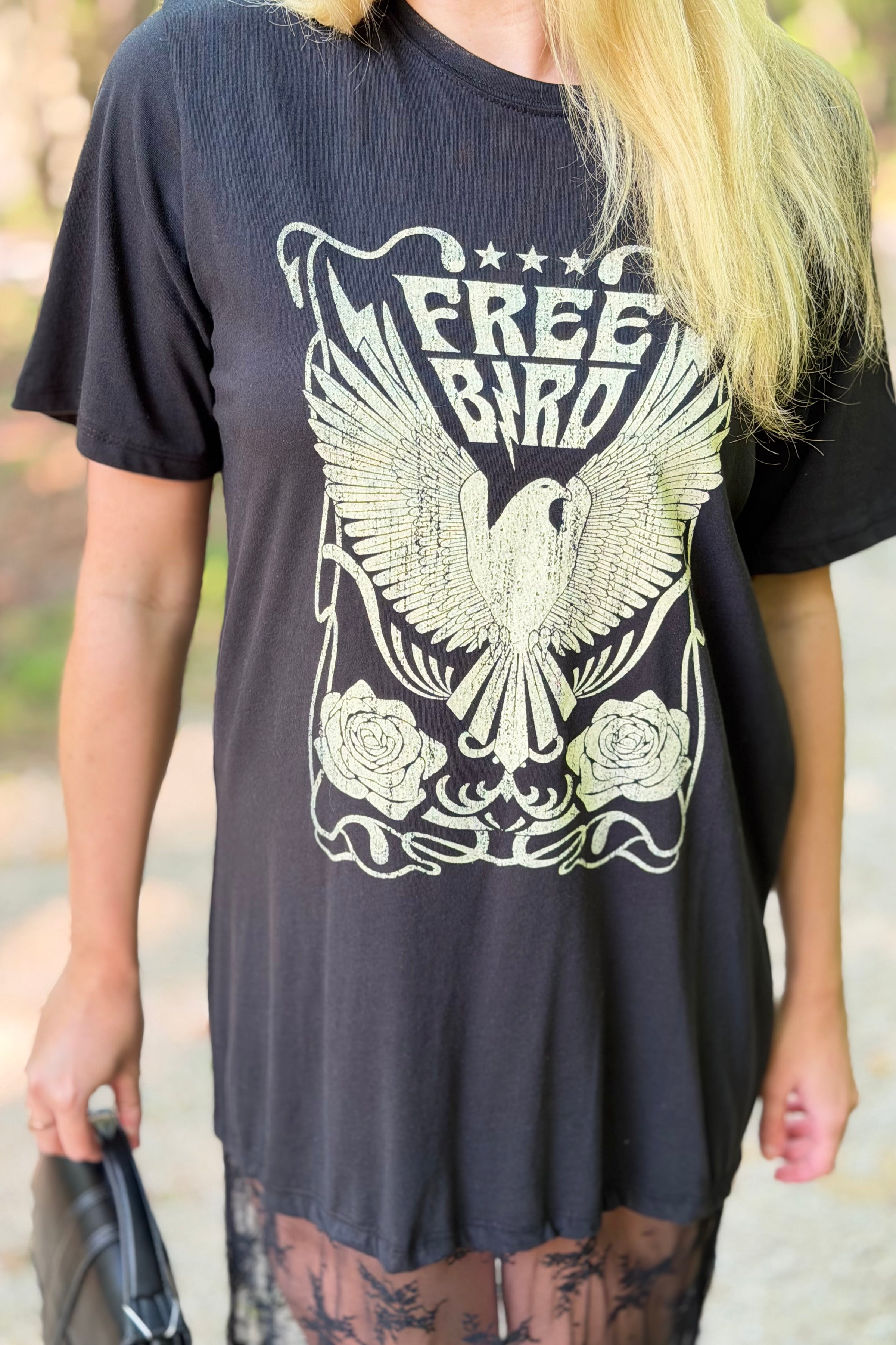 Free Bird Graphic Floral Lace Tshirt Dress